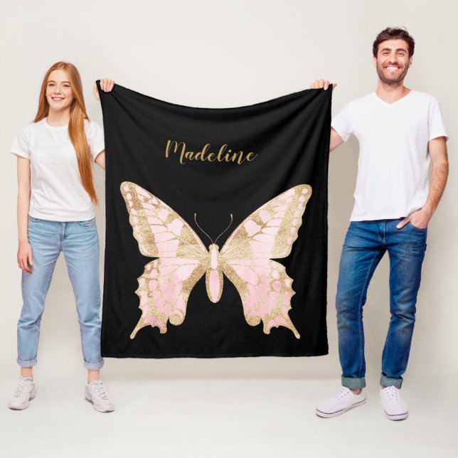 Personalised Pink & Gold Butterfly Fleece Blanket (In Situ)