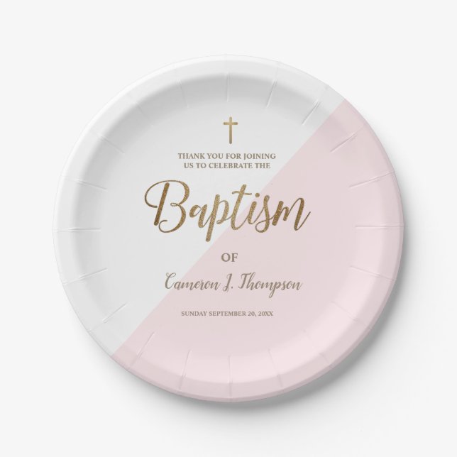 Personalised pink Gold Cross Baby Baptism custom  Paper Plate (Front)