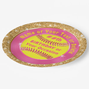 Personalised Pink Gold Cute Softball Paper Plates