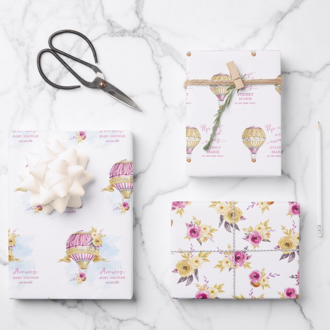  Personalised Pink Gold Hot Air Balloons Wrapping Paper Sheet (Front)