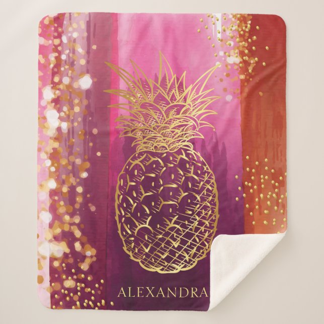 Personalised Pink Gold Pineapple Glitter Sherpa Blanket (Front)