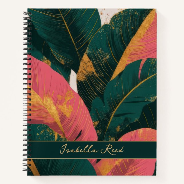 Personalised Pink & Gold Tropical Leaves Notebook (Front)