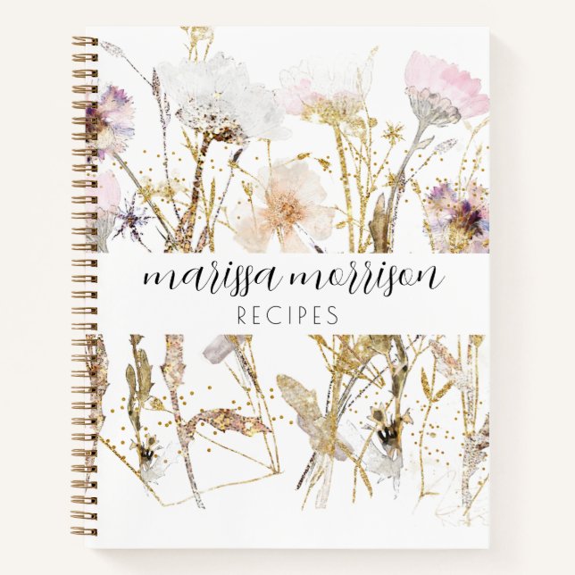 Personalised Pink Gold Wildflower Script Name Notebook (Front)