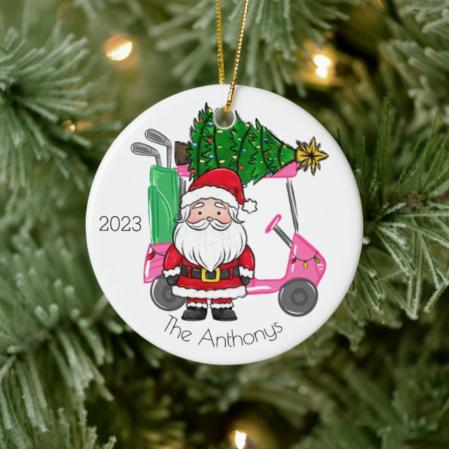 Personalised Pink Golf Cart Santa Christmas Tree Ceramic Tree Decoration (Tree)