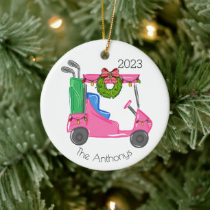 Personalised Pink Golf Cart with Lights Christmas  Ceramic Tree Decoration