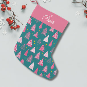 Personalised Pink & Green Christmas Tree Pattern Small Christmas Stocking