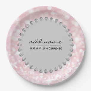 Personalised Pink/Grey Baby Shower Girl Paper Plate