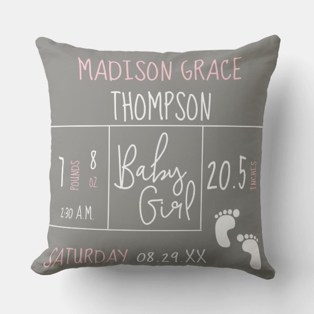 Personalised Pink Grey Birth Stat Name Cushion (Front)