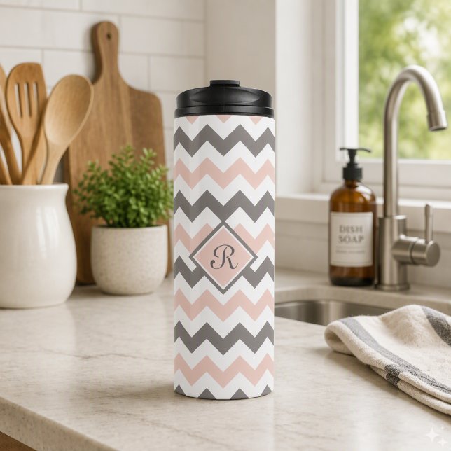 Personalised Pink & Grey Chevron Thermal Tumbler (Creator Uploaded)