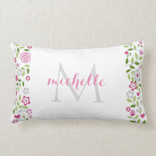 Personalised Pink Grey Floral Monogram Pattern Lumbar Cushion