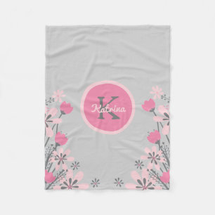 Personalised Pink Grey   Flowers Nursery Girl Fleece Blanket