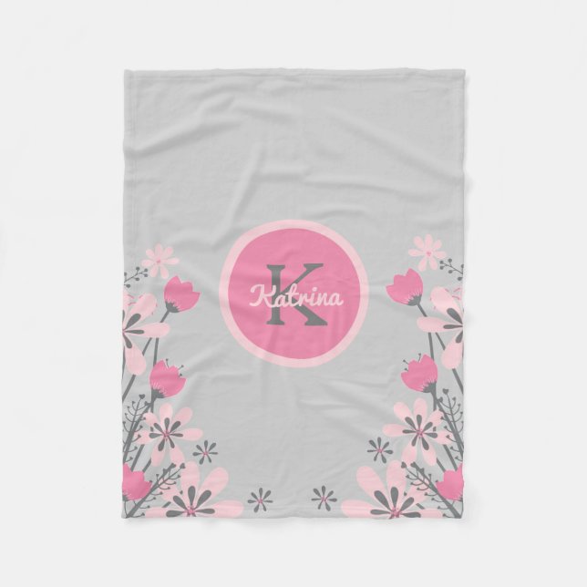 Personalised Pink Grey | Flowers Nursery Girl Fleece Blanket (Front)