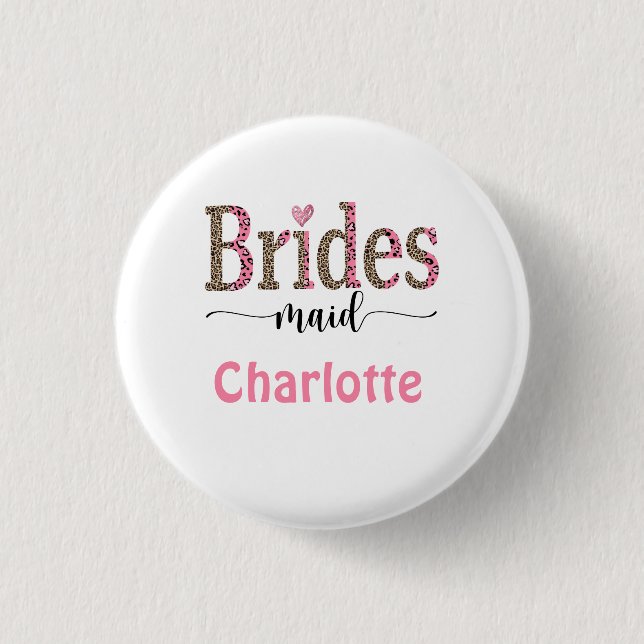 Personalised Pink Grey Leopard Print Bridesmaid 3 Cm Round Badge (Front)