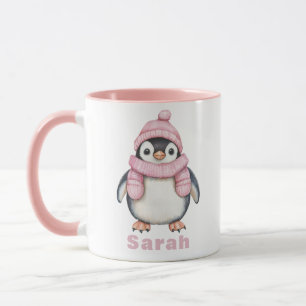 Personalised Pink Hat Penguin Custom Name Mug