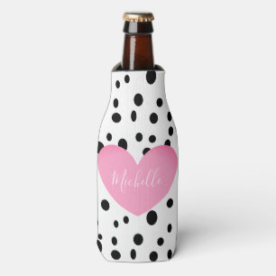 Personalised Pink Heart and Dots Bottle Cooler
