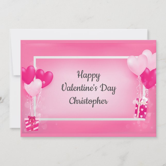 Personalised Pink Heart Balloons Valentine's Day H Holiday Card (Front)