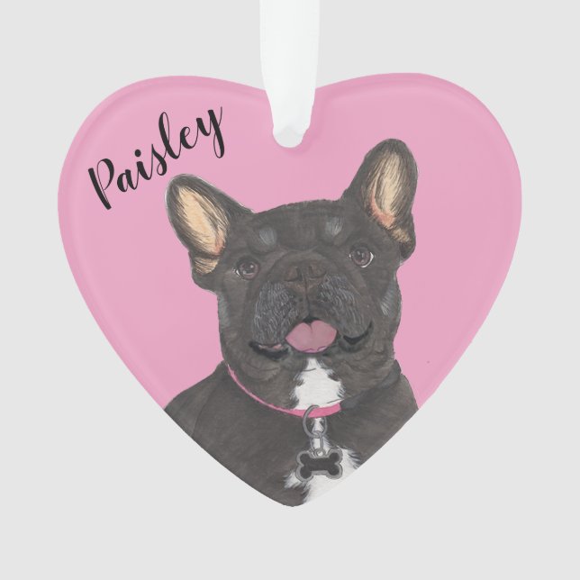 Personalised Pink Heart Black Tan Tricolo Frenchie Ornament (Front)