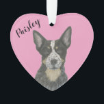 Personalised Pink Heart Blue Cattledog Heeler Ornament<br><div class="desc">I am in love with this beautifully detailed watercolor illustration of a blue australian cattledog or heeler dog! on a sweet pink heart! Personalise these pastel ornaments and make the nice list this year! For the perfect presents, pair it with a matching item from the collection for a thoughtful housewarming,...</div>