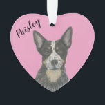 Personalised Pink Heart Blue Cattledog Heeler Ornament<br><div class="desc">I am in love with this beautifully detailed watercolor illustration of a blue australian cattledog or heeler dog! on a sweet pink heart! Personalise these pastel ornaments and make the nice list this year! For the perfect presents, pair it with a matching item from the collection for a thoughtful housewarming,...</div>