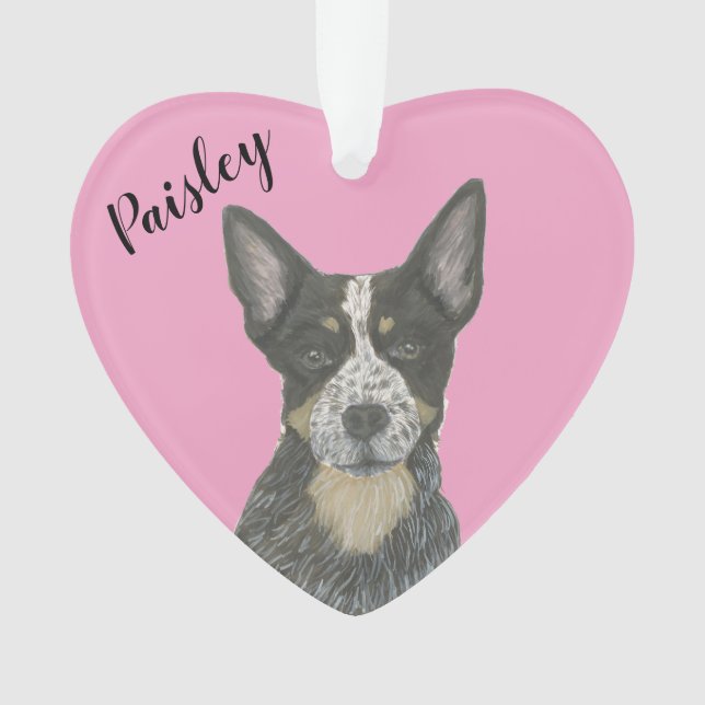 Personalised Pink Heart Blue Cattledog Heeler Ornament (Front)