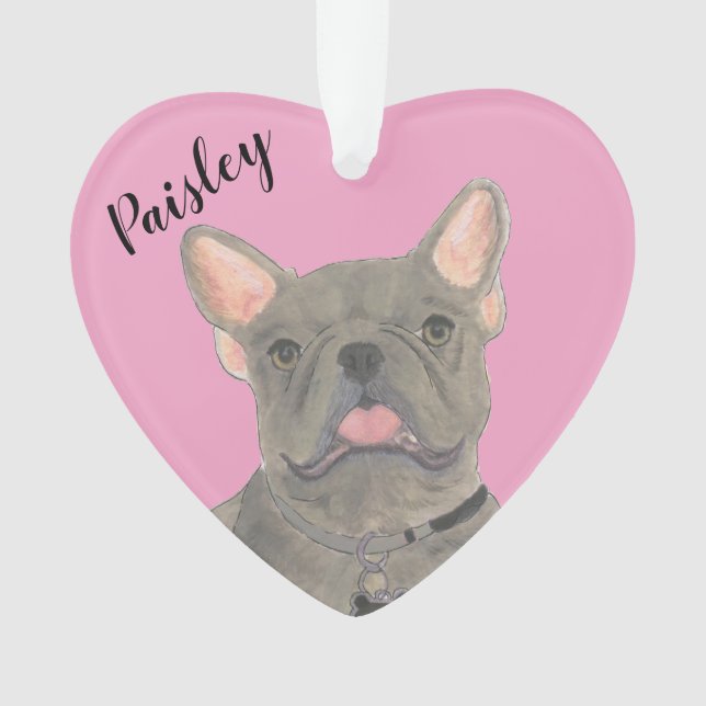 Personalised Pink Heart Blue Frenchie Ornament (Front)