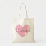 Personalised pink heart bridesmaid tote bags<br><div class="desc">Personalised pink heart bridesmaid tote bags. Beautiful vintage weather look design with elegant script text and custom name. Make one with name of bridesmaids,  flower girl,  maid of honour,  matron of honour,  mother of the bride etc. Cute design for wedding party,  bridal party or bachelorrette parties. Pastel pink colour.</div>