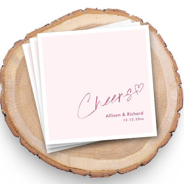 Personalised Pink Heart Cheers Wedding Napkins (Personalized Romantic Pink Cheers Heart Wedding Napkins)