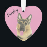 Personalised Pink Heart German Shepherd Ornament<br><div class="desc">I am in love with this beautifully detailed watercolor illustration of a german shepherd dog on a sweet pink heart! Personalise these pastel ornaments and make the nice list this year! For the perfect presents, pair it with a matching item from the collection for a thoughtful housewarming, bridal shower, teacher,...</div>