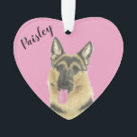 Personalised Pink Heart German Shepherd Ornament<br><div class="desc">I am in love with this beautifully detailed watercolor illustration of a german shepherd dog on a sweet pink heart! Personalise these pastel ornaments and make the nice list this year! For the perfect presents, pair it with a matching item from the collection for a thoughtful housewarming, bridal shower, teacher,...</div>