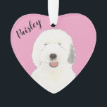 Personalised Pink Heart Old English Sheepdog Ornament<br><div class="desc">I am in love with this beautifully detailed watercolor illustration of an old english sheepdog on a sweet pink heart! Personalise these pastel ornaments and make the nice list this year! For the perfect presents, pair it with a matching item from the collection for a thoughtful housewarming, bridal shower, teacher,...</div>