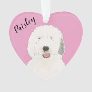 Personalised Pink Heart Old English Sheepdog Ornament