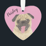 Personalised Pink Heart Pug Ornament<br><div class="desc">I am in love with this beautifully detailed watercolor illustration of a pug dog on a sweet pink heart! Personalise these pastel ornaments and make the nice list this year! For the perfect presents, pair it with a matching item from the collection for a thoughtful housewarming, bridal shower, teacher, mother-in-law,...</div>