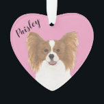 Personalised Pink Heart Red and White Papillon Ornament<br><div class="desc">I am in love with this beautifully detailed watercolor illustration of a red and white papillon dog on a sweet pink heart! Personalise these pastel ornaments and make the nice list this year! For the perfect presents, pair it with a matching item from the collection for a thoughtful housewarming, bridal...</div>