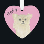 Personalised Pink Heart Tan Long Haired Chihuahua<br><div class="desc">I am in love with this beautifully detailed watercolor illustration of a fawn, tan, or cream long haired applehead chihuahua dog! Personalise these reversible ornaments and make the nice list this year! Shop the rest of my collection for the sweetest housewarming, bridal shower, teacher, mother-in-law, husband, boyfriend, secret santa, sympathy,...</div>