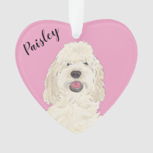 Personalised Pink Heart White Cream Golden Doodle Ornament