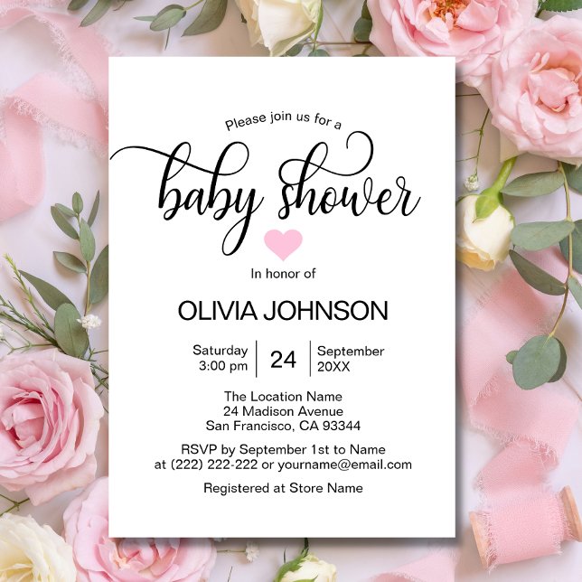 Personalised Pink Heart White Girl Baby Shower Invitation (Creator Uploaded)