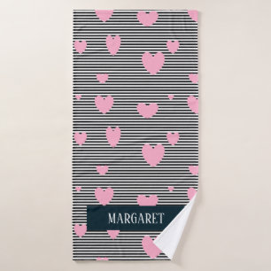 Personalised pink hearts and stripes bath towel
