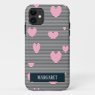 Personalised pink hearts and stripes Case-Mate iPhone case