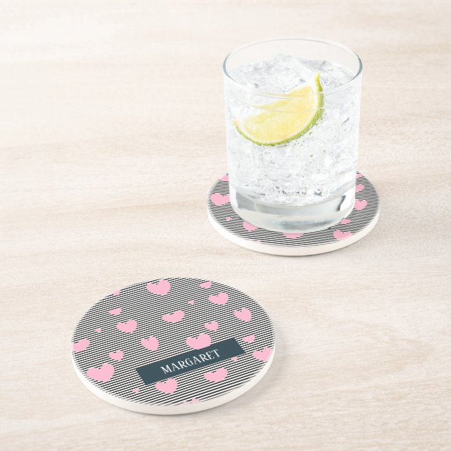 Personalised pink hearts and stripes coaster (Side)