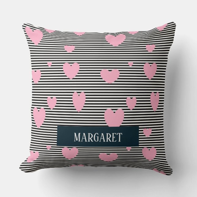 Personalised pink hearts and stripes cushion (Front)