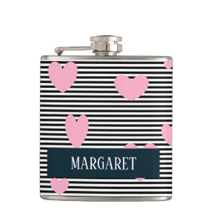 Personalised pink hearts and stripes hip flask