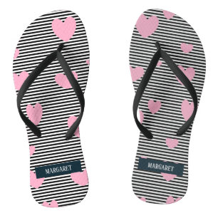 Personalised pink hearts and stripes jandals