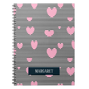 Personalised pink hearts and stripes notebook