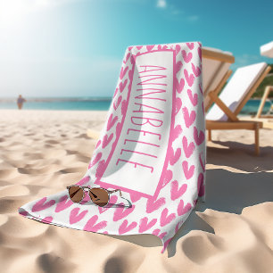 Personalised Pink Hearts Beach Towel