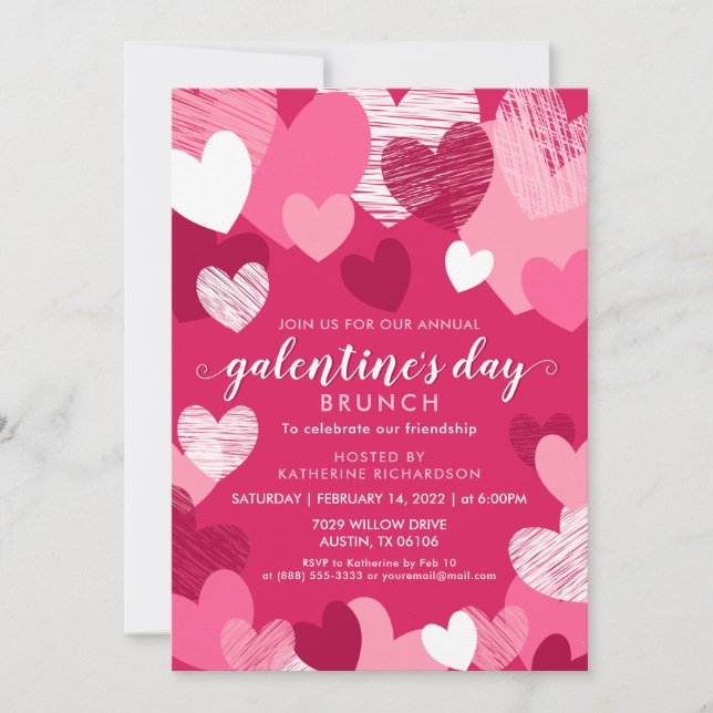 Personalised Pink Hearts Galentine's Day Brunch  Invitation (Front)