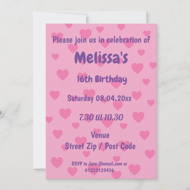 Personalised Pink Hearts Party Invitation (Front)