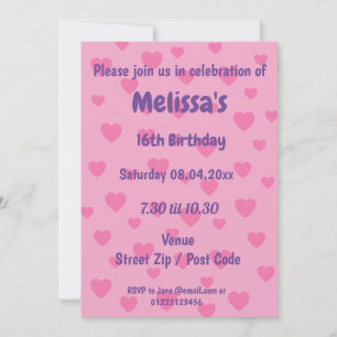 Personalised Pink Hearts Party Invitation
