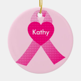 Personalised Pink Hearts Ribbon Breast Cancer Ceramic Tree Decoration