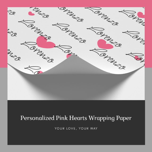 Personalised Pink Hearts Wrapping Paper (Personalized Name Pink Hearts Wrapping Paper, Custom Gift Wrap)