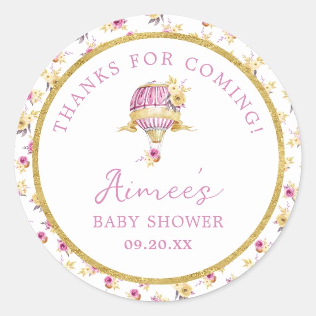 Personalised Pink Hot Air Balloon Baby Shower  Classic Round Sticker (Front)